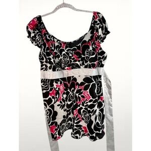 AGB Women XL Top Black Pink Floral Empire Waist Satin Ribbon Y2K Coquette Boho